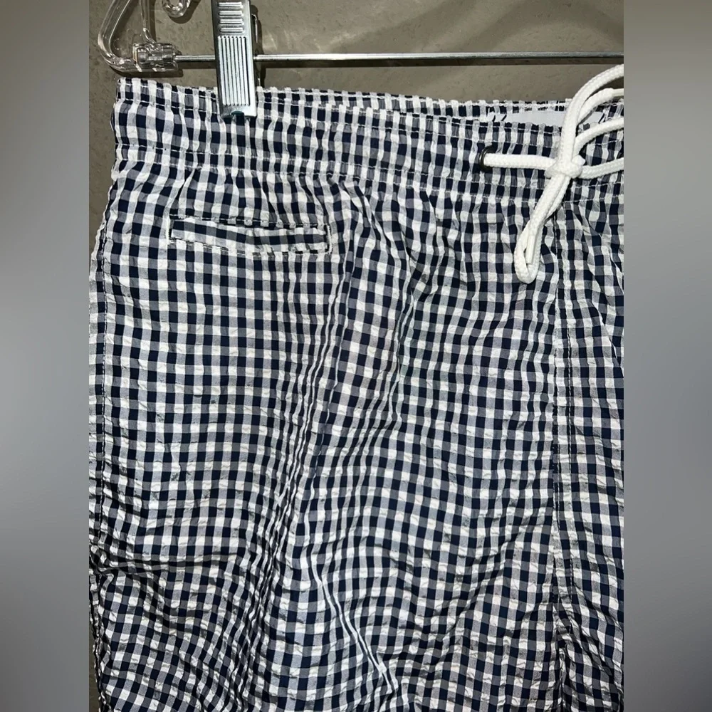 Men TRUNKS Surf & Swim Co. dark blue plaid lined swim trunk size large